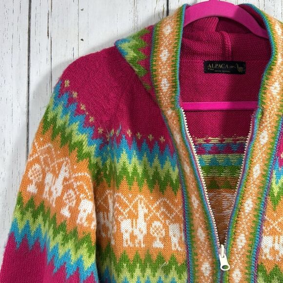 Alpaca Fina 100% Alpaca Handmade Peru Hooded Zip Sweater Cardigan Cozy Winter - Picture 3 of 15